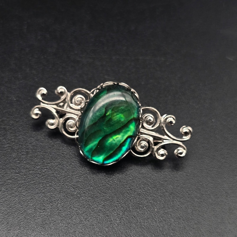 Abaline Paua Shell Filigree Brooch Silver Tone Costume Jewelry